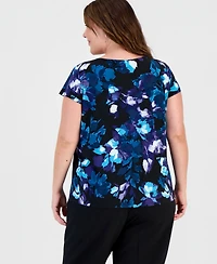 Kasper Plus Printed Cowl-Neck Cap-Sleeve Top