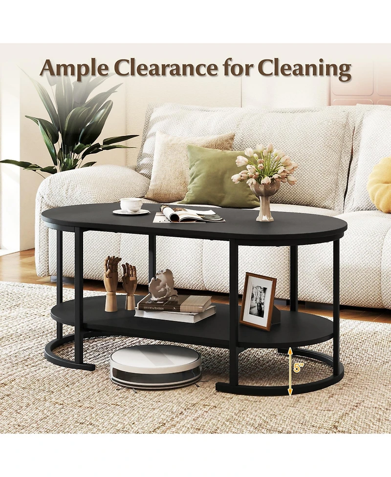 Sugift Oval Coffee Table 2-Tier Wooden Accent Table with Spacious Tabletop and Open Storage Shelf