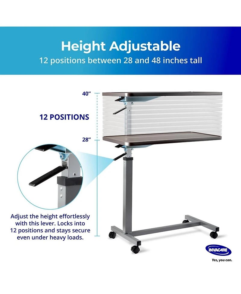 Invacare Adjustable & Tilting Table Bed - Height Adjustable Bedside Table w/ Wheels & L-Shaped Base