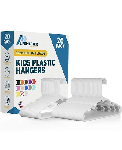 Lifemaster Kids Plastic Hangers, White, 11.6", with shoulder notches, space-saving, hold 5 lbs, ideal for baby, toddler & kids clothes, 20-pack.