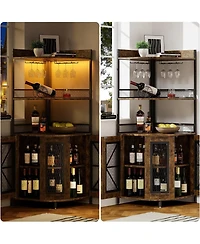 gaomon 64" Tall Wood Corner Bar Cabinet with Power Outlet, Led Lighting, and Glass Holder