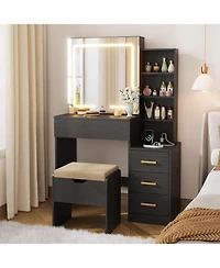 gaomon Makeup Vanity Desk with Sliding Mirror and Lights 4 Drawers 7 Shelves Stool.
