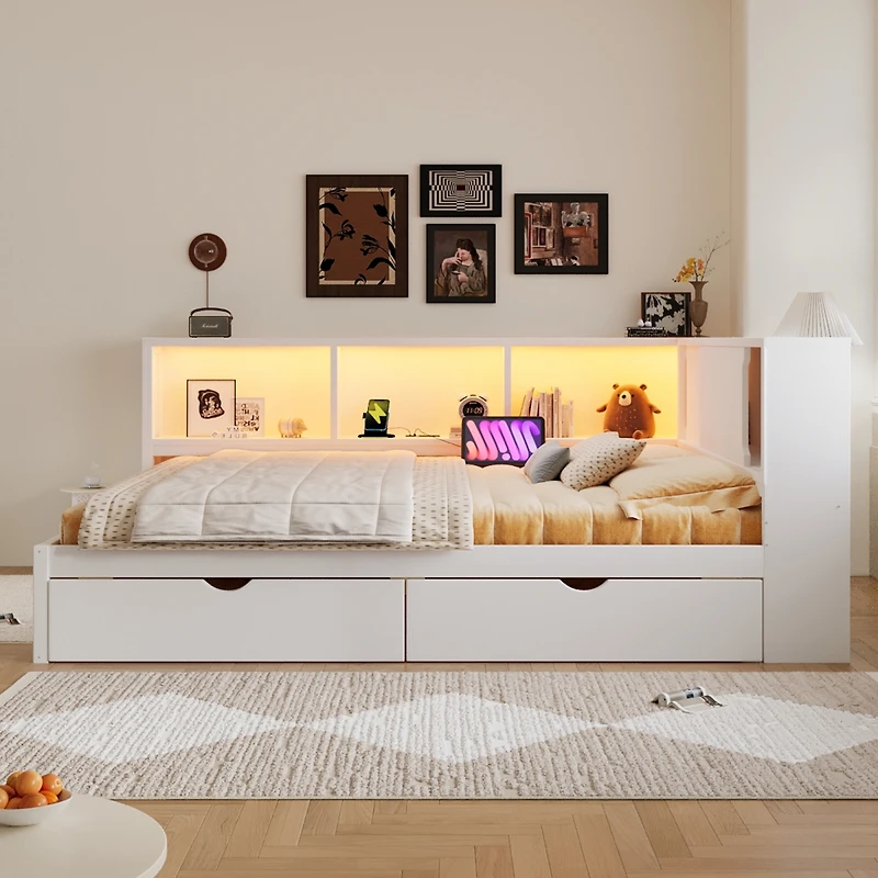 Streamdale Furniture Wood Daybed with Storage Shelves, Usb, Led, and 2 Drawers