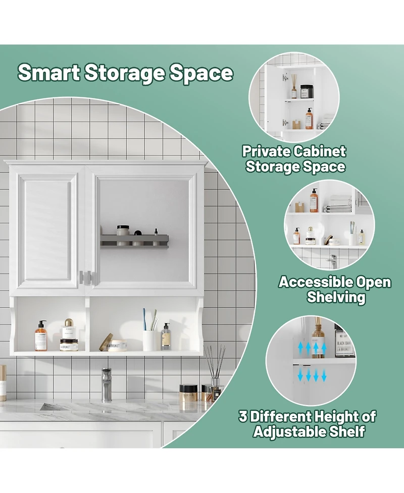 Airsurfer 30 Inch Mirror Medicine Cabinet with Open Shelves Wall Mounted Home Storage Cabinet with Doors and Adjustable Shelf Bathroom Storage