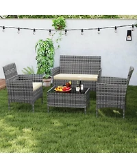 Gouun 4-Piece Wicker Patio Conversation Set with Loveseat, Chairs, and Glass Coffee Table