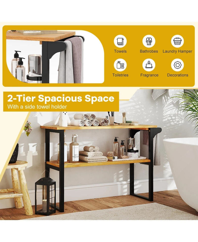 sumyeg 2-Tier Solid Teak Wood Bathroom Shelf with Towel Rack