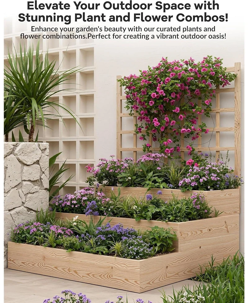 Xo 3-Tier Wooden Raised Garden Bed with Trellis, Vertical Planter Box with Drainage for Vegetables Flowers Herbs Patio