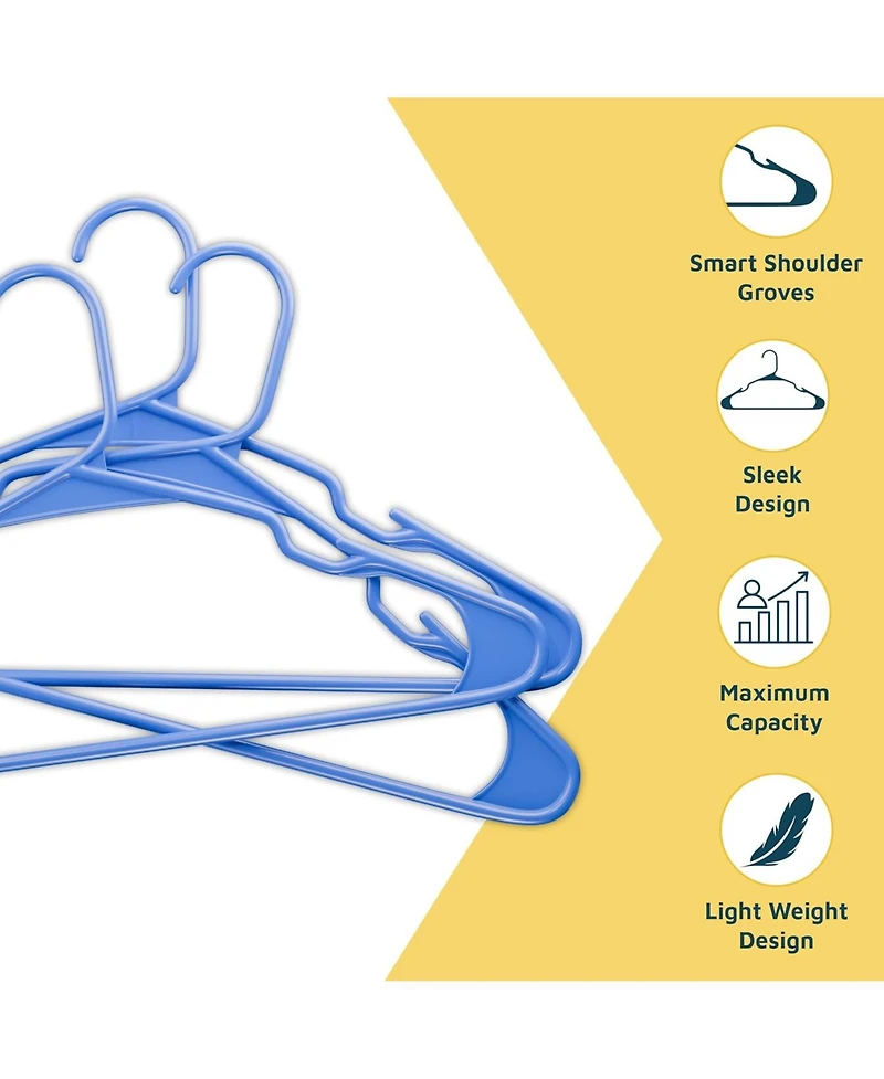 Lifemaster heavy-duty plastic hangers with non-slip grooves, space-saving design, and 5 lb capacity ideal for clothes and dresses. Pack of 120, blue.