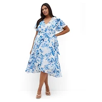 City Chic Women's Short Sleeve Bluebell Print Wrap Midi Dress