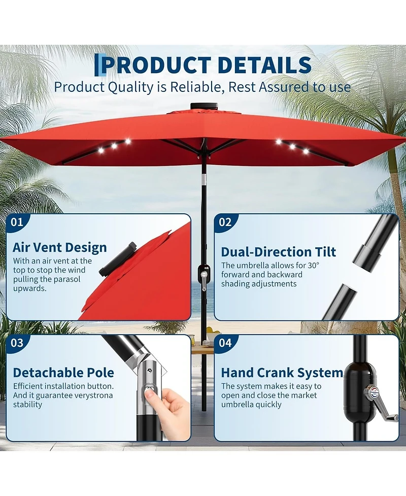 Xo 10 x 6.5 Ft Solar Rectangular Patio Umbrella with Led Lights, Outdoor Market Table Umbrella with Crank Lift, Vented 6-Rib Steel Frame Shade