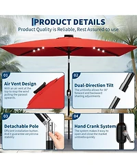 Xo 10 x 6.5 Ft Solar Rectangular Patio Umbrella with Led Lights, Outdoor Market Table Umbrella with Crank Lift, Vented 6-Rib Steel Frame Shade