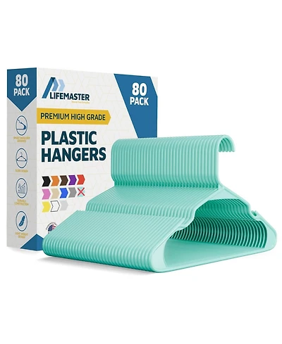 Lifemaster Heavy-duty aqua plastic hangers with non-slip shoulder grooves space-saving design holds up to 5 Pounds. Pack of 80 for organizing clothes