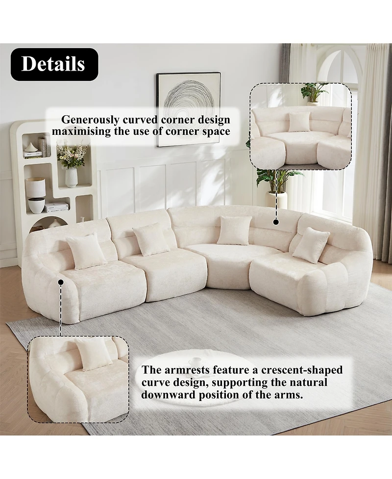 Clihome 123.2" Modern Luxury Curved Sectional Sofa, Chenille Modular Cloud Sofa with 4 Pillows