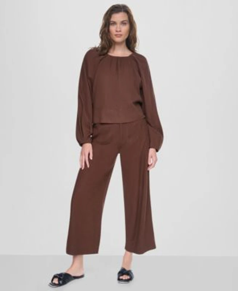Dkny Jeans Womens Raglan Long Sleeve Shirred Neckline Top High Rise Cropped Wide Leg Pants