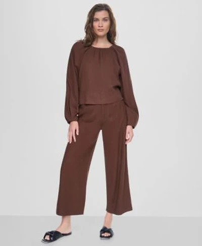 Dkny Jeans Womens Raglan Long Sleeve Shirred Neckline Top High Rise Cropped Wide Leg Pants