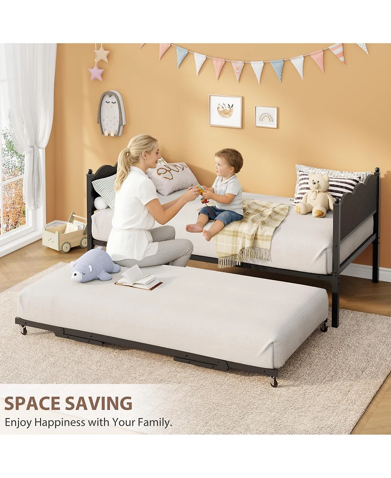 homfan Metal Daybed with Trundle, Wavy Wood-Grain Headboard, Twin Sofa Bed Locking Casters and Steel Support Bars