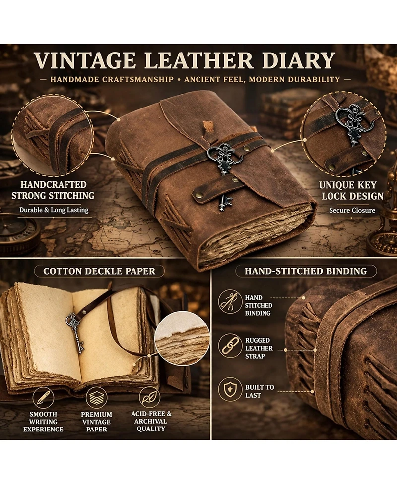 Gnuadz Vintage Leather Journal Handmade Refillable Notebook