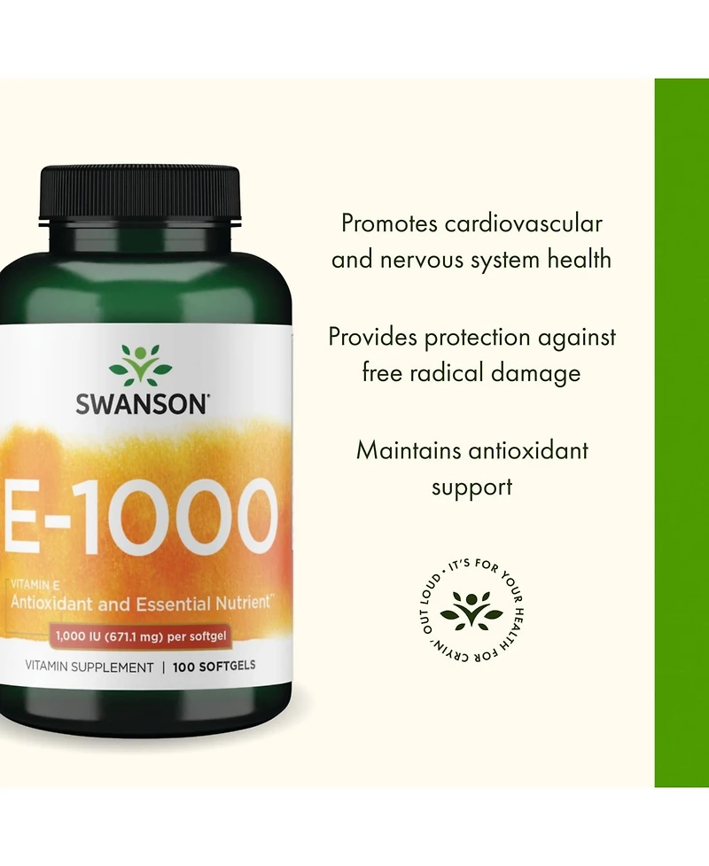 Swanson Vitamin E Natural Supplement for Cardiovascular Health Provides d Alpha Tocopherols for Antioxidant Support 100 Softgels