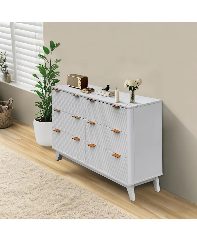 gaomon 6-Drawer Fluted Wood Dresser, Faux Marble Top, Modern Storage Organizer for Bedroom, Living Room, Hallway, Entryway