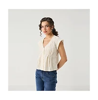 Reistor Women's Cream Embroidered Deep V-Neck Top