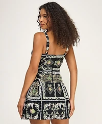 Seni & Cade Juniors' Printed Square Neck Eyelet Drop Waist Short Dress