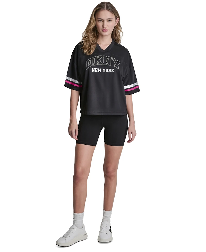 Dkny Sport Women's Varsity Rhinestone V-Neck Sports Jersey