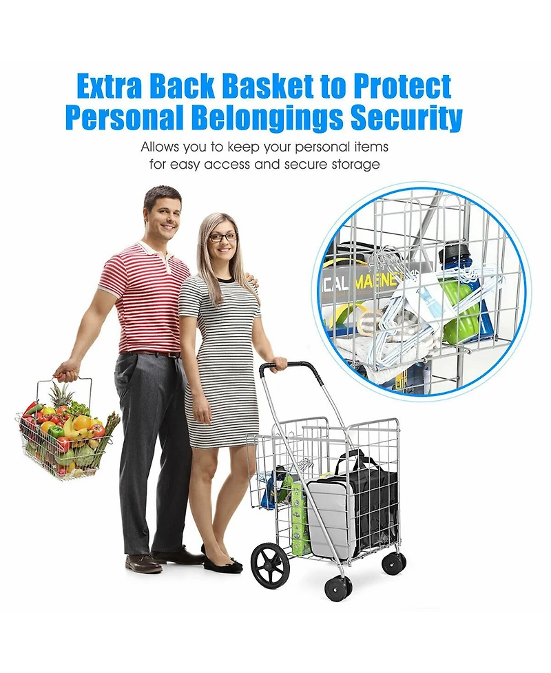 Folding Shopping Cart Jumbo Basket Grocery Laundry Travel w/ Swivel Wheels