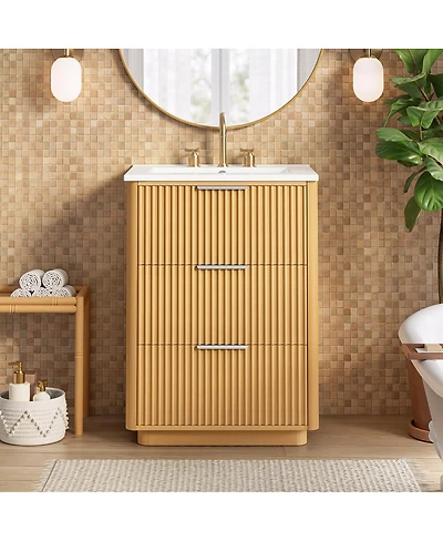 Sillysis 24 Inch Modern Bathroom Vanity with Ceramic Sink, Solid Wood Mdf Cabinet, Fluted Drawers for Small Spaces