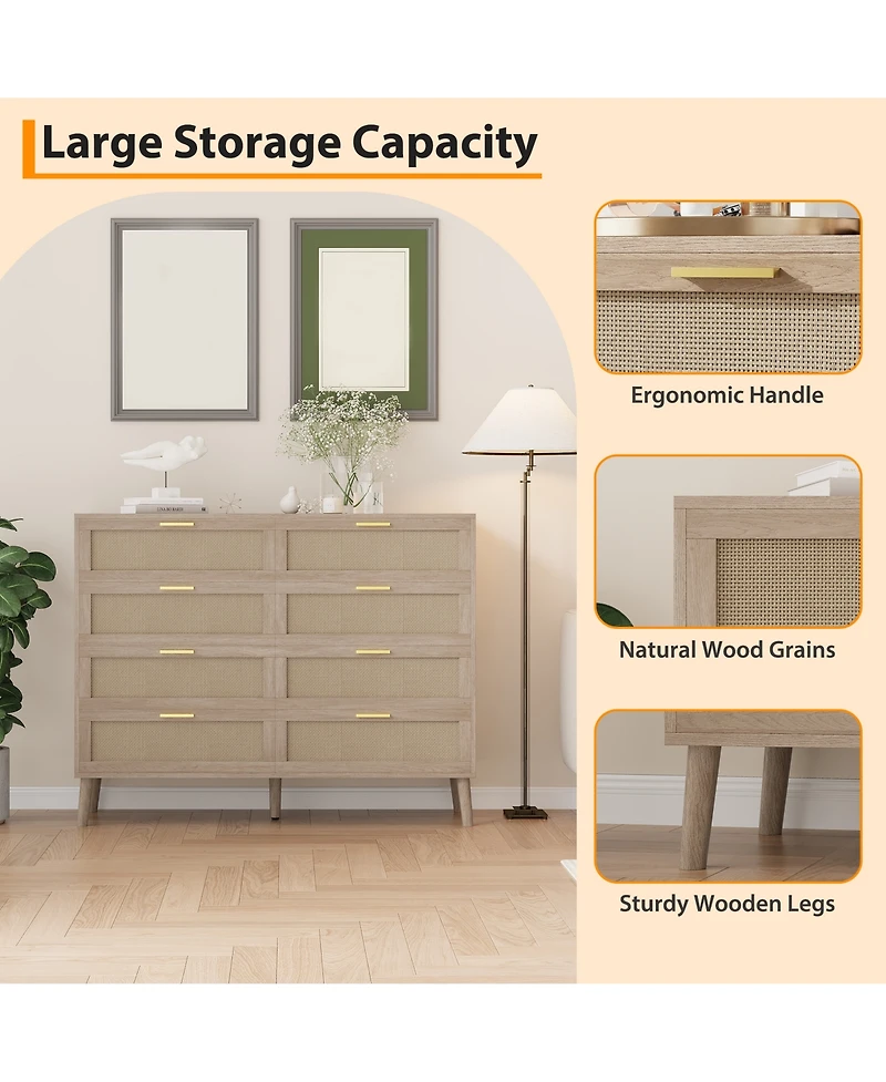 homfan 47 Inch Farmhouse Rattan 8-Drawer Dresser, Wide Wooden Storage Chest with Sturdy Wood Legs