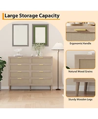 homfan 47 Inch Farmhouse Rattan 8-Drawer Dresser, Wide Wooden Storage Chest with Sturdy Wood Legs