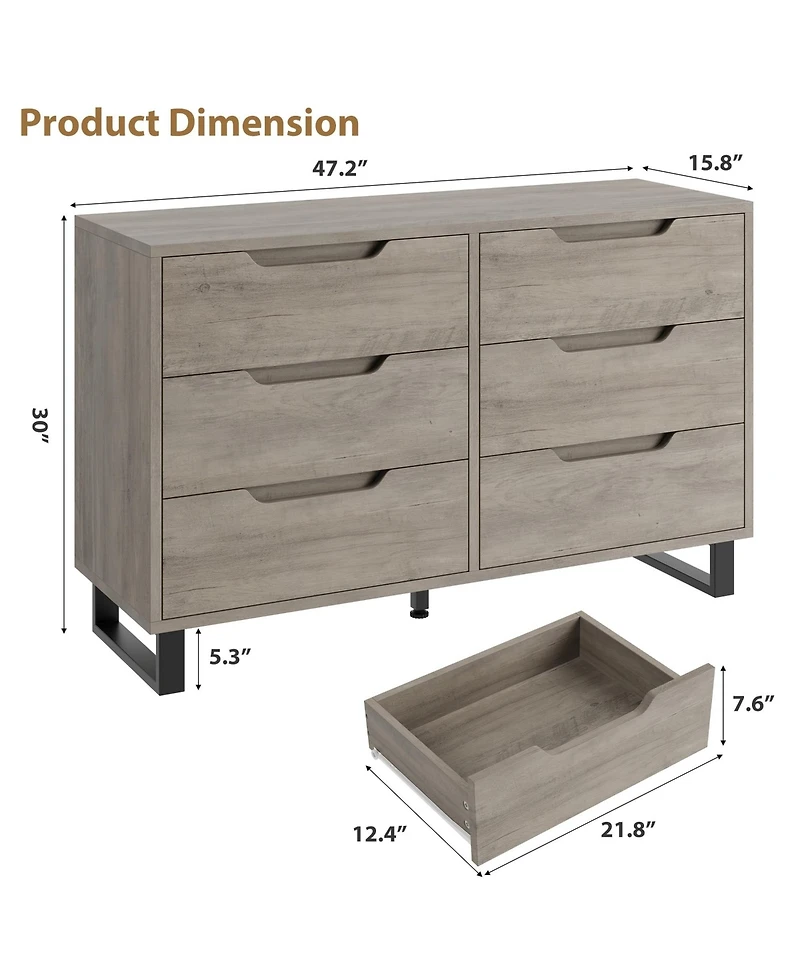 homfan 47.2" Wide 6-Drawer Dresser, Freestanding Vertical Wooden Storage Cabinet for Bedroom, Hallway and Entryway