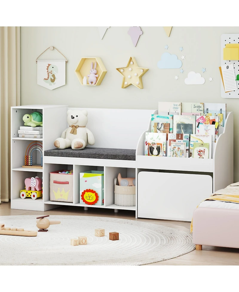 Gymax Wooden Kids Bookshelf with Reading Nook Padded Seat Open Cubes Adjustable Shelf