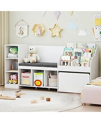 Gymax Wooden Kids Bookshelf with Reading Nook Padded Seat Open Cubes Adjustable Shelf