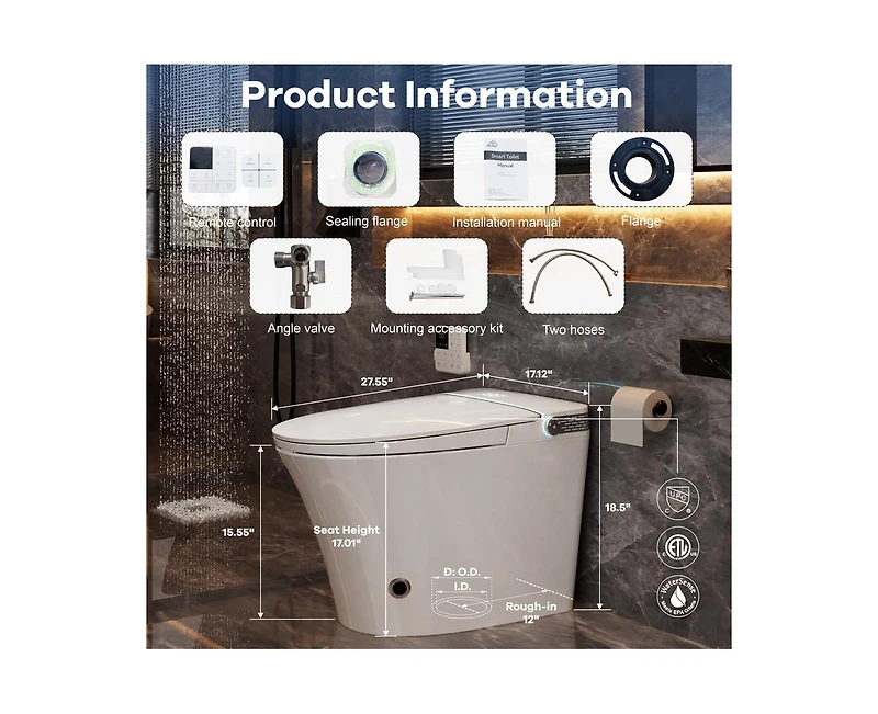 Casainc Ada Comfort Height Smart Bathroom Fixture with Built-In Tank, Heated Seat, Auto Open Lid and Warm Air Dryer