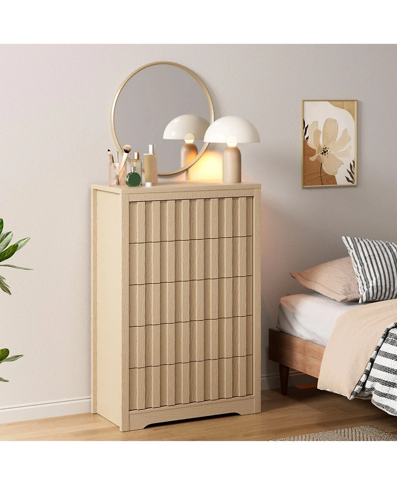 homfan Modern Handleless 5-Drawer Fluted Dresser - Tall Wooden Chest for Bedroom Storage - Deep Organizer for Living Room or Hallway