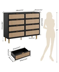 homfan Rattan 8-Drawer Tall Dresser, Large Wooden Storage Chest with Deep Drawers and Wide Top for Multi-Room Use