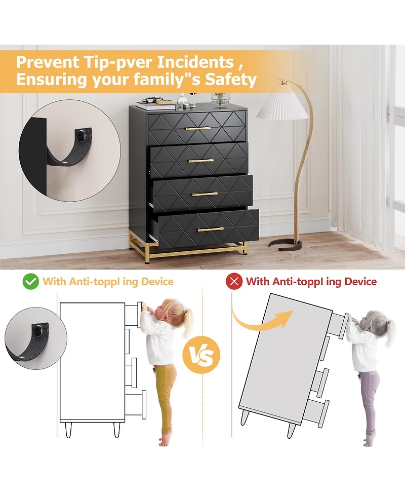 homfan Tall 4-Drawer Modern Dresser, Wood Storage Chest with Metal Accents, Multi-use Cabinet for Bedroom, Hallway and Living Room