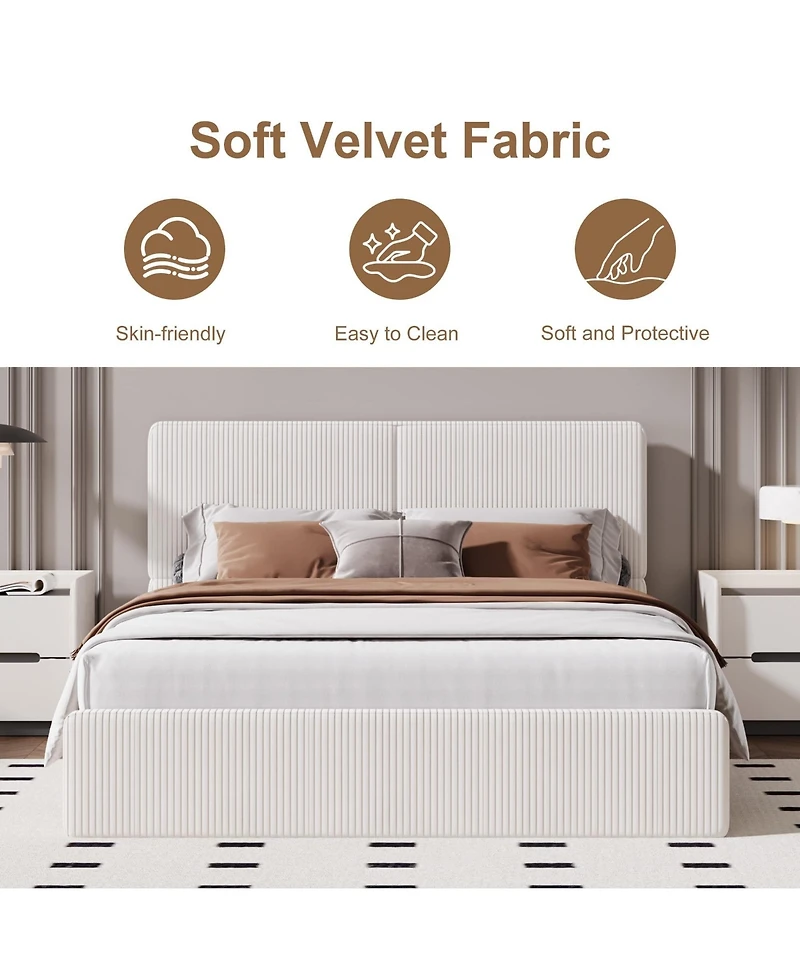homfan Upholstered Platform Bed Frame with Headboard, Corduroy or Pu Cover, Wooden Slats and Quiet Support, No Box Spring Needed