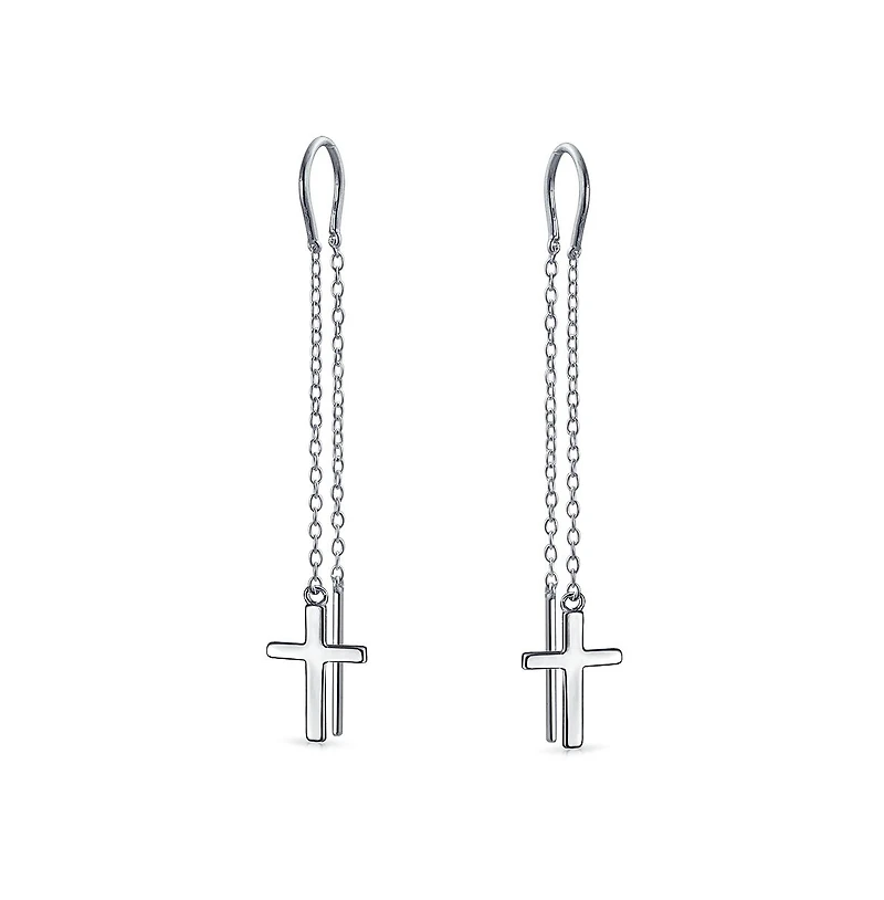 Bling Jewelry Long Chain Dangle Spiritual Religious Cross Threader Earrings
