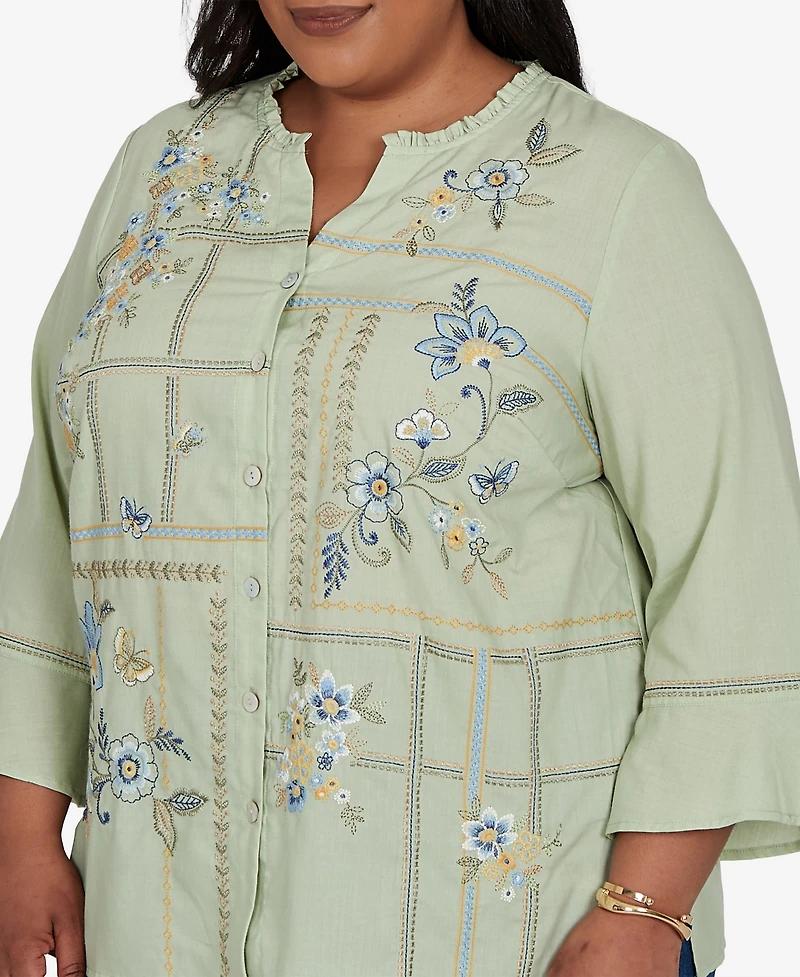 Alfred Dunner Plus Indigo Girls Floral Embroidered Squares Button Front Top