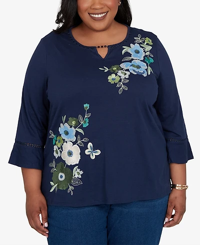 Alfred Dunner Plus Indigo Girls Asymmetric Sequin Flowers Knit Top