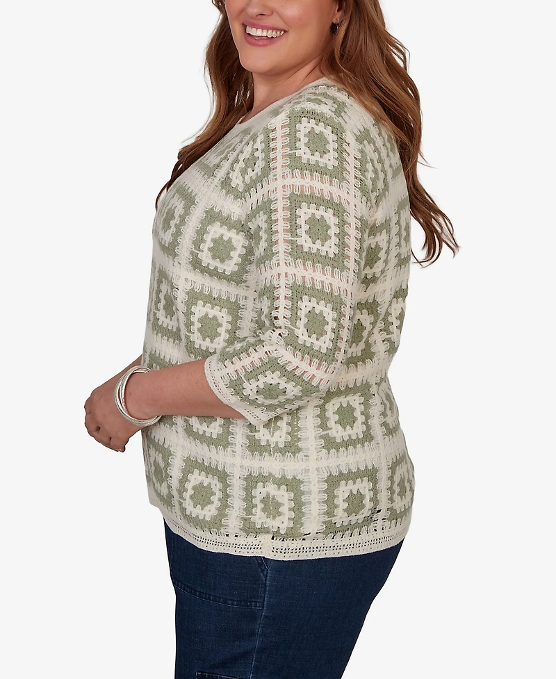 Alfred Dunner Plus Indigo Girls Crochet Squares Top