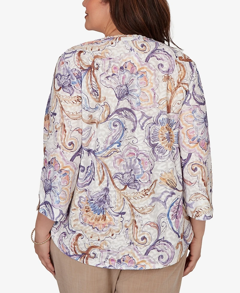Alfred Dunner Plus Grand Bazaar Jacobean Floral Split Neck Top