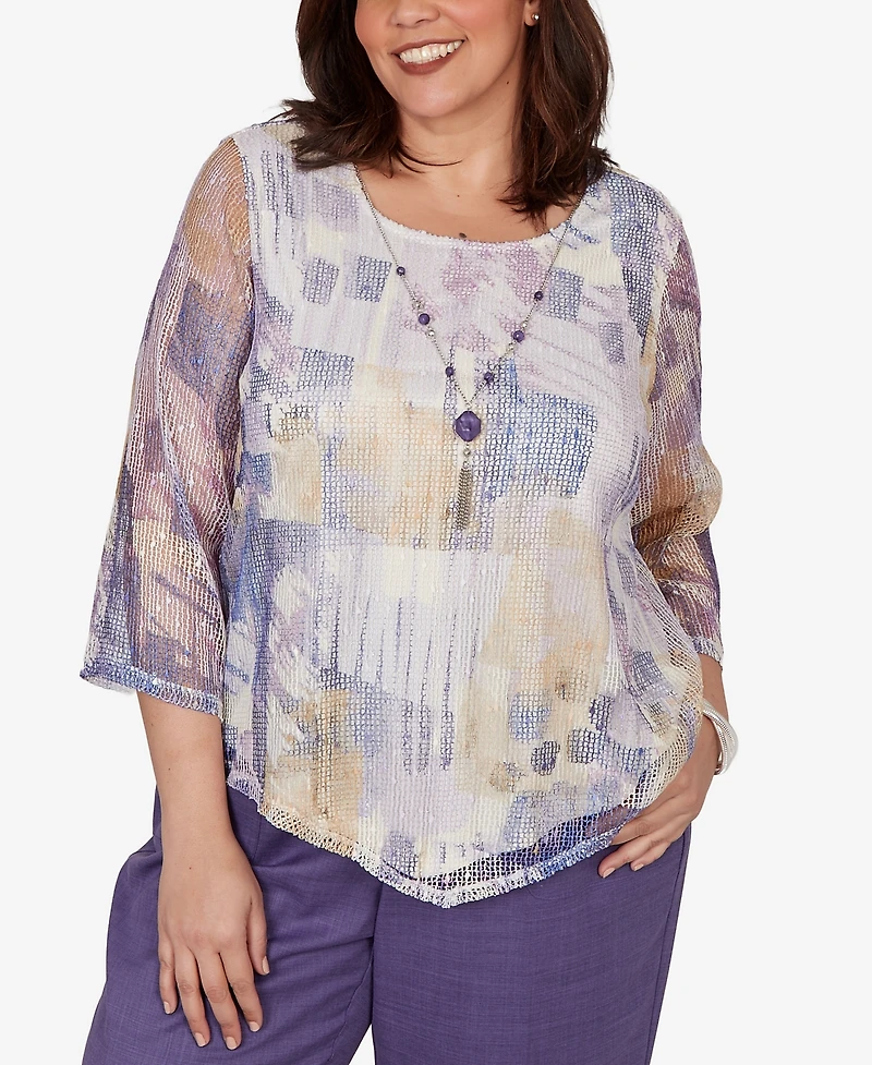Alfred Dunner Plus Grand Bazaar Stained Glass Mesh Top with Necklace