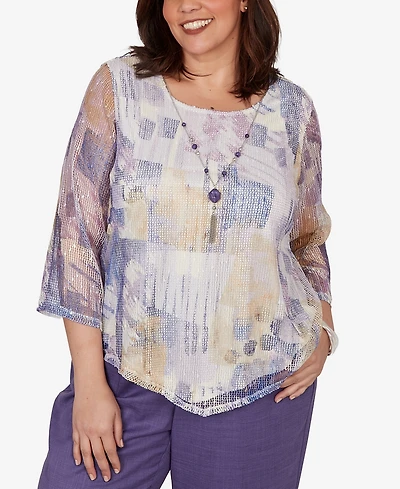 Alfred Dunner Plus Grand Bazaar Stained Glass Mesh Top with Necklace