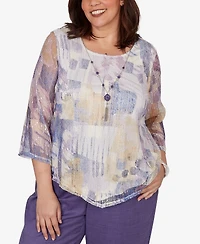 Alfred Dunner Plus Grand Bazaar Stained Glass Mesh Top with Necklace