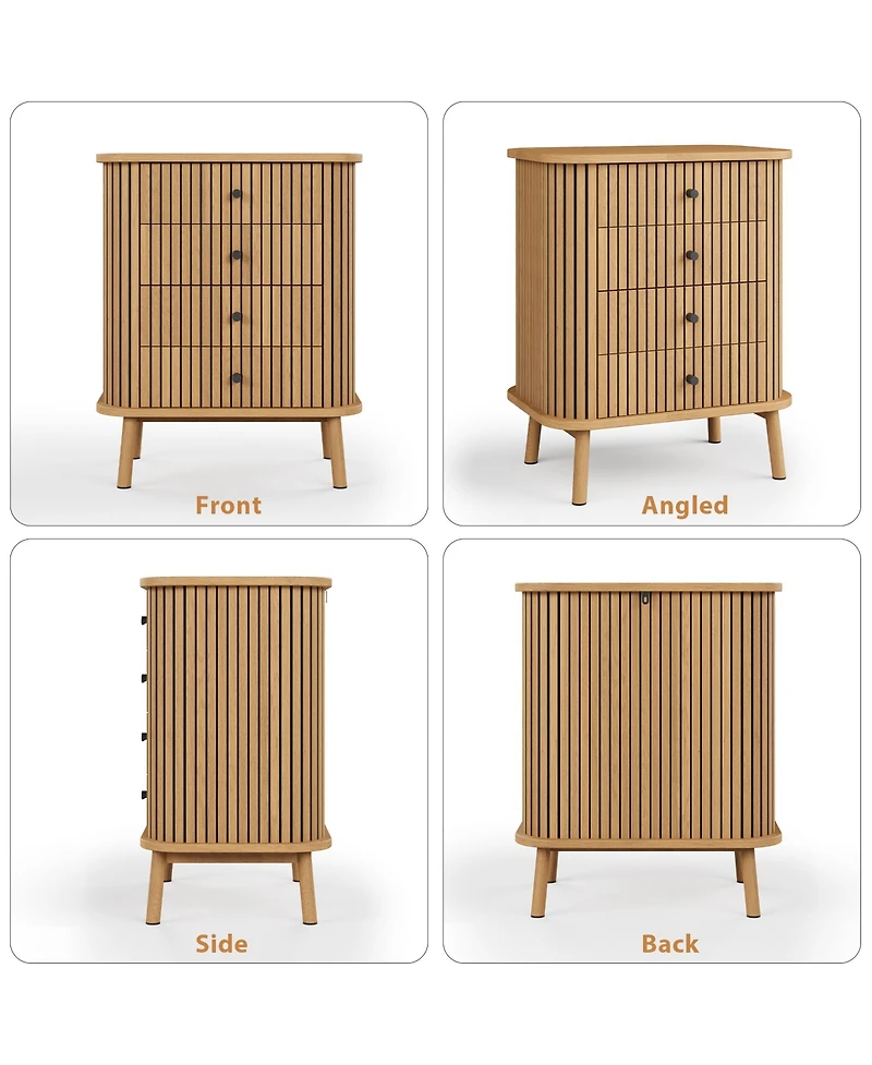 homfan Modern Boho Fluted 4-Drawer Dresser - Curved Profile and Wicker Accents - Matte Black Handles - Spacious Bedroom Storage Cabinet