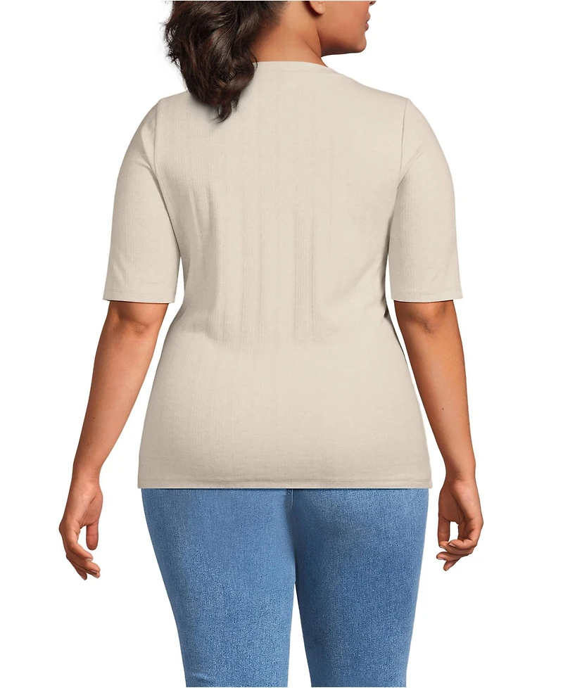 Lands' End Plus Elbow Sleeve Variegated Micro Rib Scoop Neck Henley
