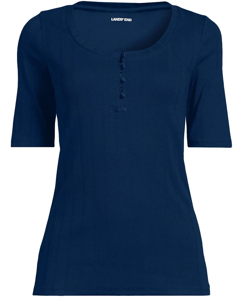 Lands' End Plus Elbow Sleeve Variegated Micro Rib Scoop Neck Henley