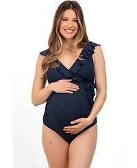 Pinkblush Maternity Navy Rib Ruffle V Neck Side Tie Knot Swimsuit